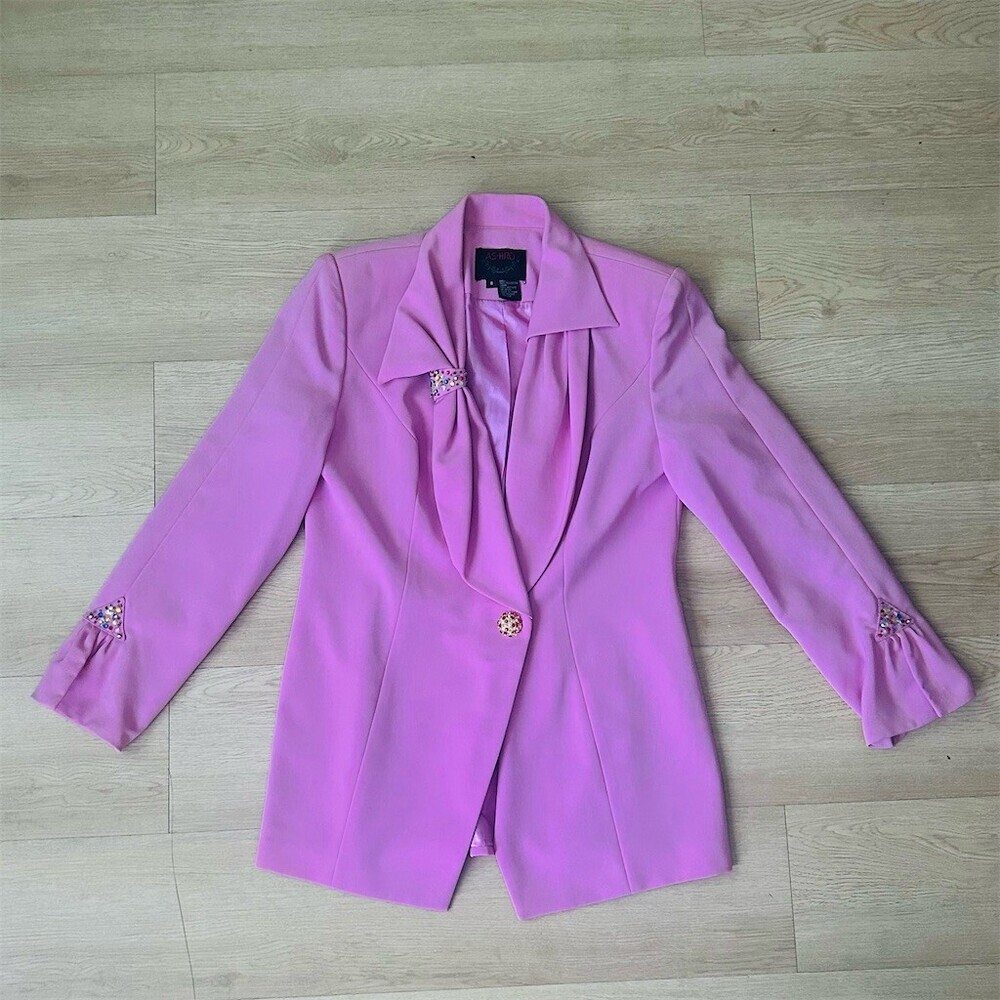 ASHRO Blazer Jacket Womens Size 8 Pink Embellished Single Button Lined - Picture 8 of 9